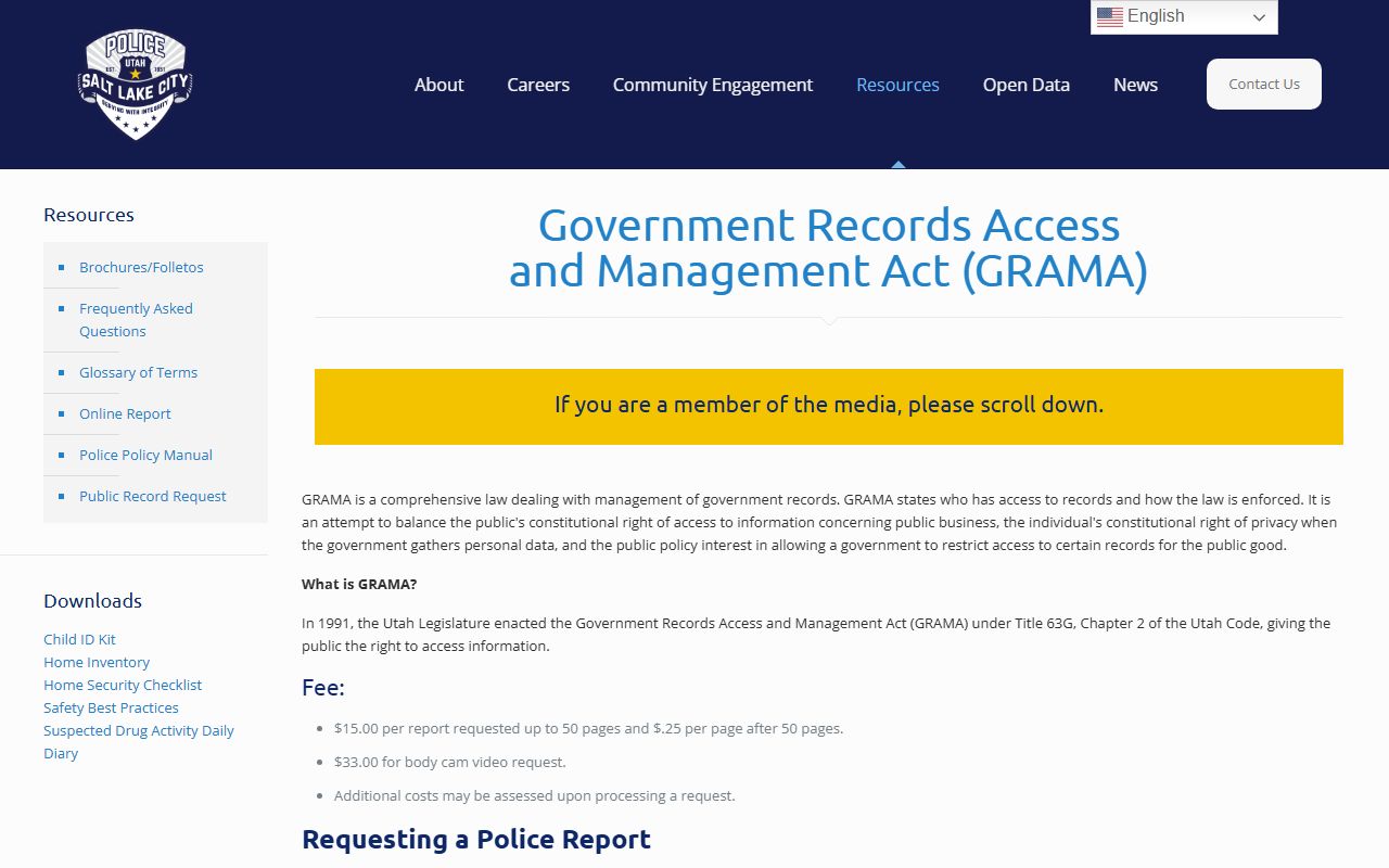 Salt Lake City Police GRAMA records request portal for Recent Bookings