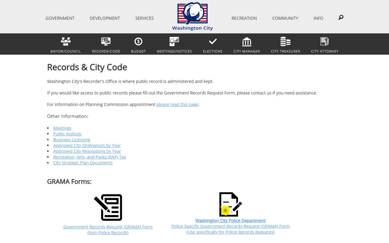 Washington City records office GRAMA page for Washington recent bookings