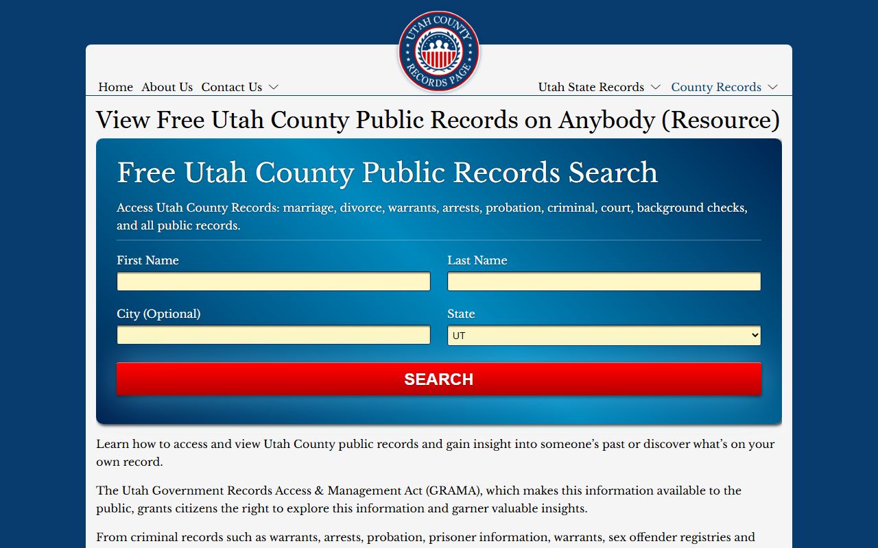 Utah County records page Recent Bookings resource
