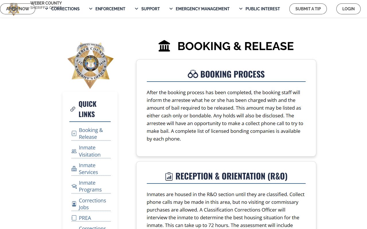 Weber County booking process Recent Bookings guide