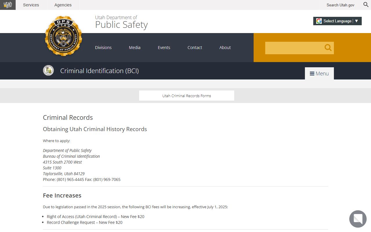 Utah BCI Recent Bookings criminal records page